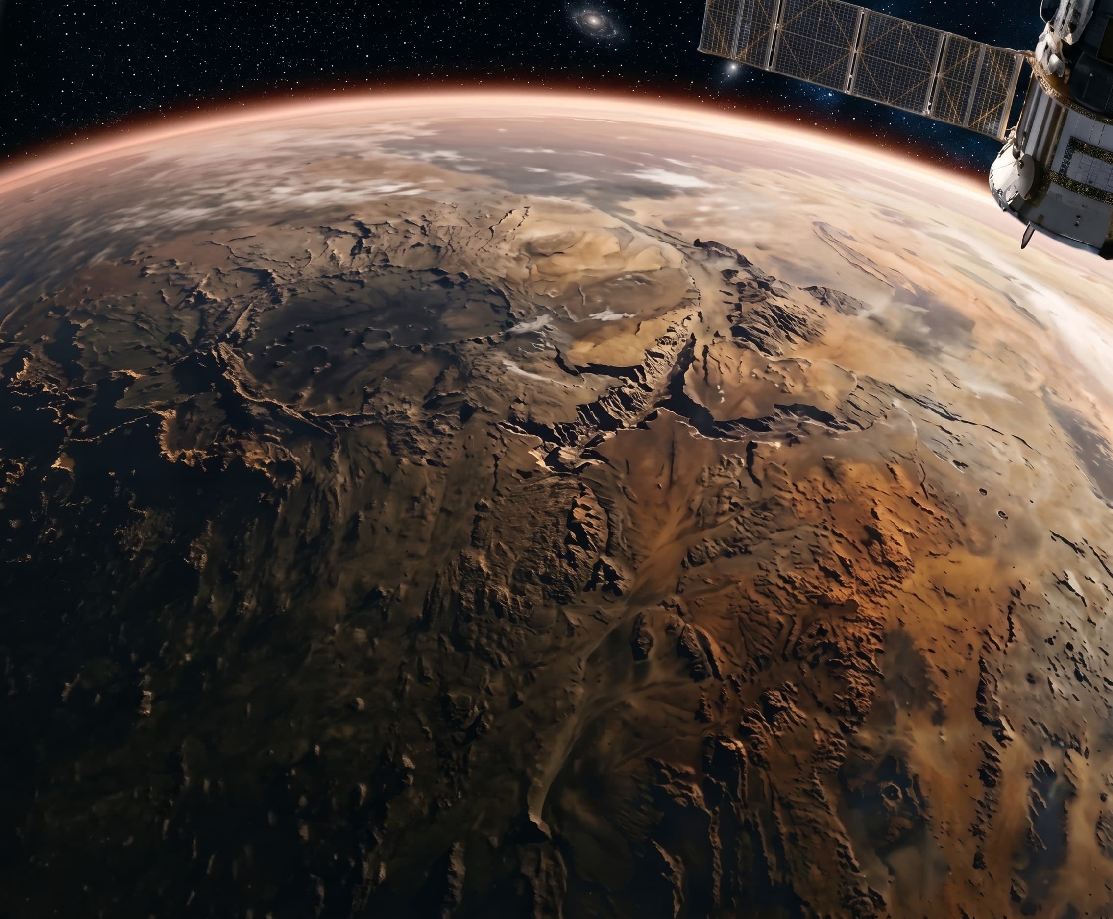 Surface de Kepler-452c le long du terminateur, sonde visible en orbite.
